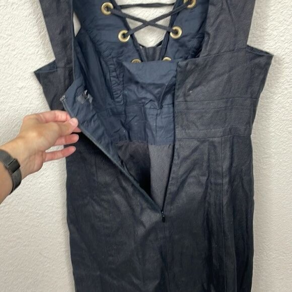 J Crew Linen Lace Up Tie Black Mini Dress Sleeveless V Neck LBD Sz 4 - Picture 4 of 12